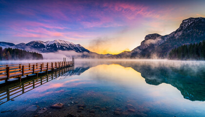 Scenic landscape view of wooden pier on calm mountain lake with reflection and rising mist during colorful pink sunrise