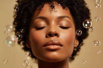 Perfect attractive beauty black skin female woman model closed eye showcasing eyebrows and eyelashes, elegant make-up cosmetic background.