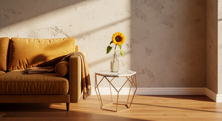 Interior with a gold velvet couch, geometric table with sunflower in vase. Depicts modern living, highlighting comfort and minimalist aesthetic
