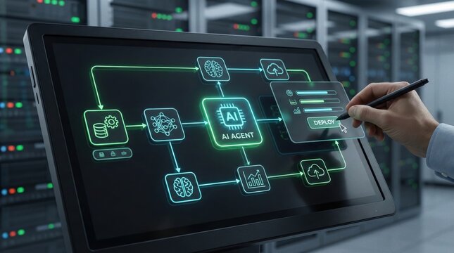 AI agent deployment process displayed on futuristic digital screen,showing flowchart of artificial intelligence integration and system control - Powered by Adobe