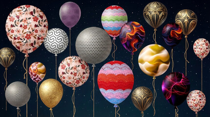 A Collection of Ornate and Patterned Balloons Floating Against a Starry Night Sky Keywords: balloons, party, celebration, birthday, festive, decoration, helium