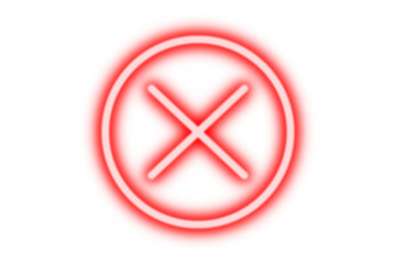 Obraz premium Red neon glowing cross mark in circle forbidden icon isolated on transparent background. Shining cross mark, x sign, cancel, reject icon, wrong sign, incorrect symbol for design. Vector illustration.