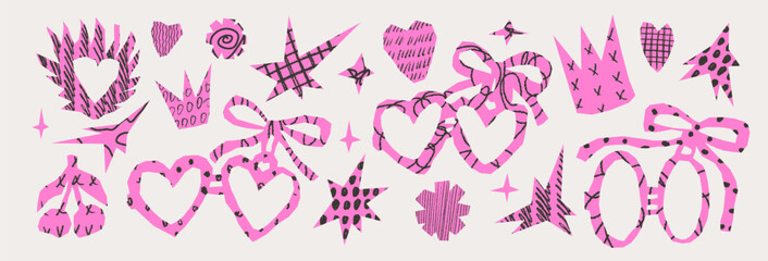 Collage romantic cutout scribbles. Hearts couple lockets. Crayon texture fire heart collage paper cut outs crown, stars set. Scrapbook love sign girly shape. Vector bachelorette illustration no bg.