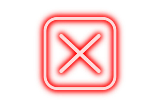 Red neon glowing cross mark in squire forbidden icon isolated on transparent background. Shining cross mark, x sign, cancel, reject icon, wrong sign, incorrect symbol for design. Vector illustration.