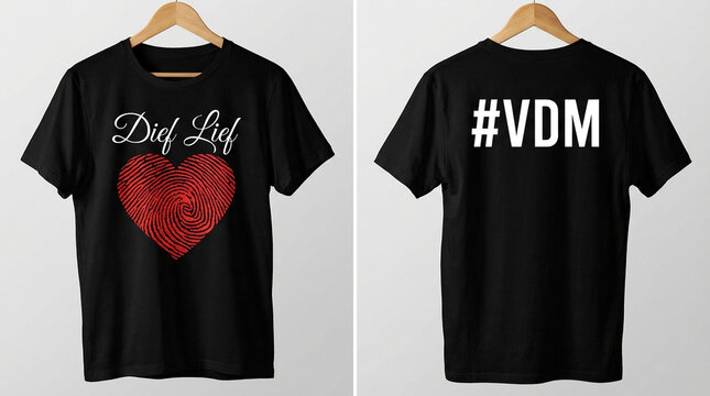 Black T- Shirt Displaying a Red Fingerprint Heart and Hashtag VDM on White Background t-shirt