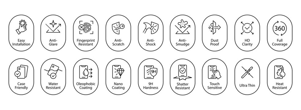 Screen Protector Features Line Icons, and Badges. Anti Glare, Anti Scratch, Fingerprint Resistant
