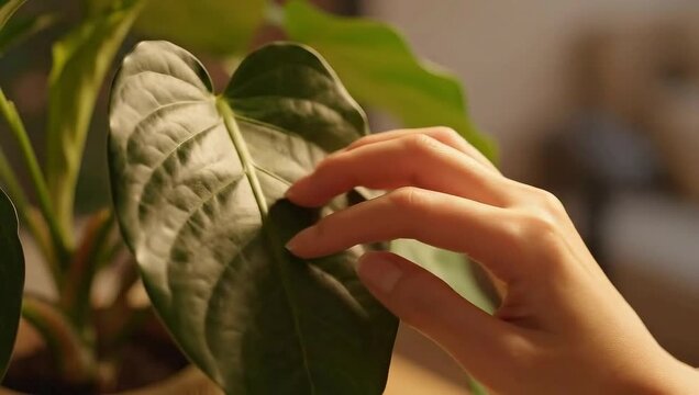 Close up of a hand gently touching a large green leaf of a houseplant.