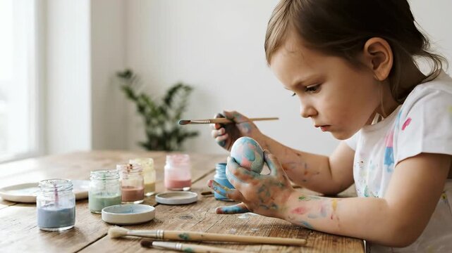 caucasian child girl painting easter egg at wooden table. kid with messy hands holding brush. spring holiday craft and diy hobby. greeting card, social media post.