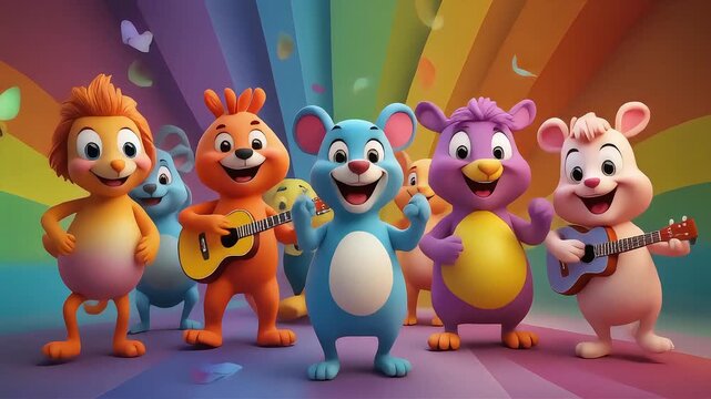 Joyful 3D cartoon animals dancing and playing music in a colorful party scene, bright rainbow background and happy characters, perfect for kids entertainment and education.