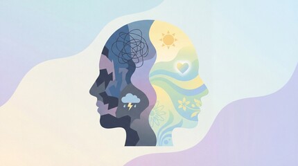 Abstract representation of the human mind, depicting emotional states and mental well-being through contrasting imagery and symbolic elements