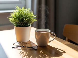 Steaming coffee mug and glasses on wooden table with potted plant