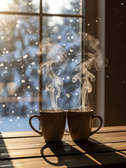 Two steaming coffee cups on a wooden table by window