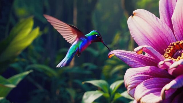 Close-up video of a vibrant hummingbird hovering near a large pink flower in a lush jungle, captured from a side angle, showcasing vivid colors. Live desktop wallpaper.