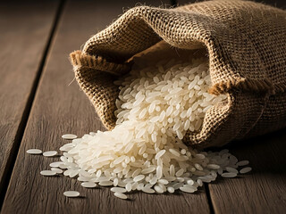 White rice grains spilling out of a burlap sack on wooden table