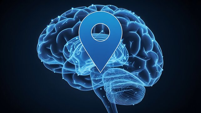 Human Brain Wireframe Structure with Glowing Location Pin Icon Representing Mental Health Mapping and Brain Geography - Powered by Adobe
