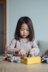 Fototapeta premium Little girl playing with LEGO bricks at a table. Concept Little girl, LEGO bricks, Table play, Toy building, Creative play