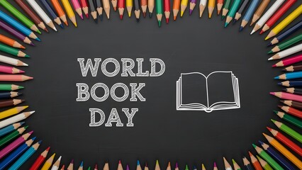 World book day celebration with colorful pencils and chalkboard background