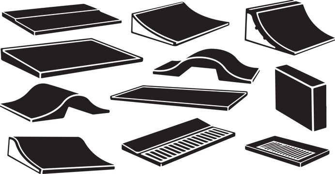 Black and white skateboard ramp illustrations set