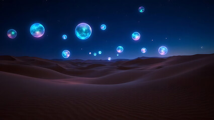 Mysterious Glowing Orbs Hovering Above Silent Desert Dunes During Night