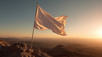 A white flag is flying in the air