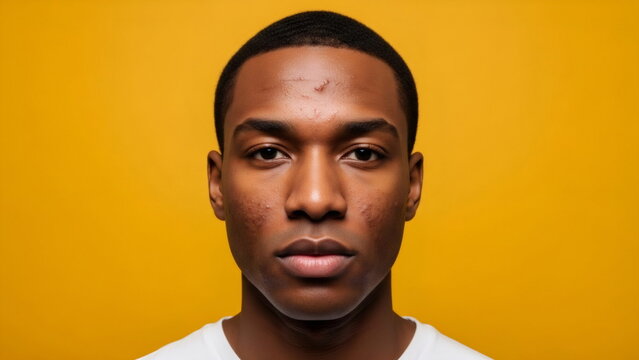 Close up portrait of an african american young man with acne issues on his face. Skin imperfection concept, dermatology and skincare. Yellow background.
