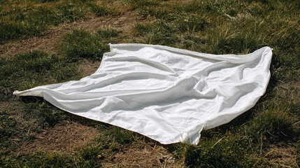 A white blanket is laying on the ground