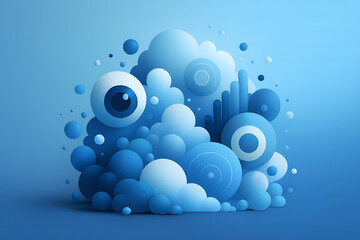Blue 3d spheres and clouds with eyes and graphs on a gradient background representing data and analytics in a whimsical and creative way
