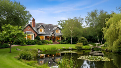 Large brick house with a pond and bridge in the garden transparent background