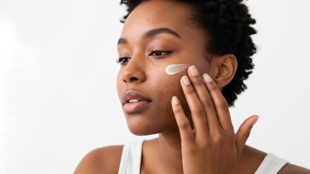 Woman applying cream on her face with acne problem. Skincare routine and beauty treatment. Dermatology and skin health care. White background.