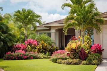 Fototapeta premium Lush tropical landscape adorns a modern home exterior with vibrant foliage and palm trees under a partly cloudy sky.