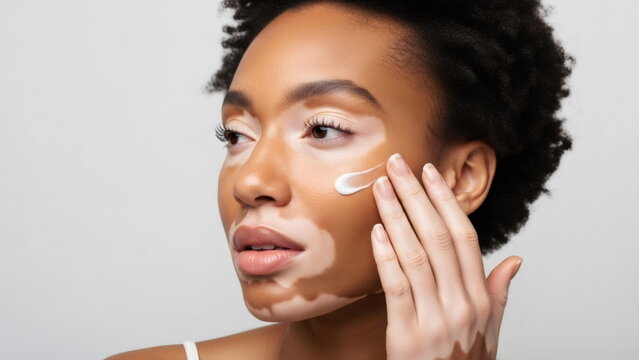 Young african american woman applying cosmetic cream to her face with vitiligo. Beauty and skincare concept for diverse skin. White background. - Powered by Adobe