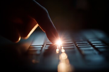 A close-up shot of a finger pressing a glowing keyboard key, symbolizing technology, innovation, and digital interaction.