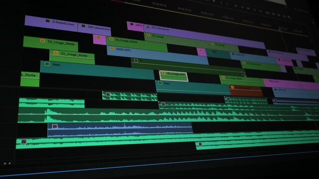 Multilayer video editing timeline with audio tracks in postproduction software, Professional montage interface showing clips transitions sound waves and workflow structure