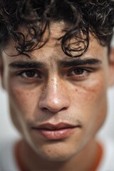 Obraz premium Close-up portrait of a young man with wet dark hair, freckles, and a thoughtful expression. Concept Close-Up Portrait, Wet Hair, Freckles, Thoughtful Expression, Youthful Male