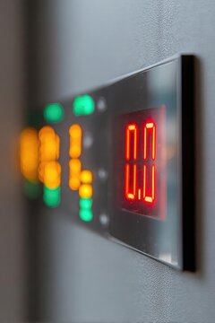 Close-up of a wall-mounted control panel with red 7-segment display digits and green/orange indicator LEDs. Concept Industrial Control Panel, Wall-Mounted Electronics, Red 7-Segment Display