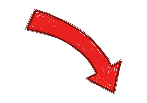 Red curved arrow pointing down isolated on white