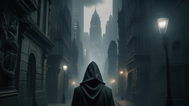 A lone figure in a hooded cloak walks down a foggy city street at dusk, with skyscrapers in the background, lit by street lamps