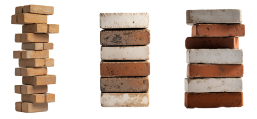 Single vertical column of stacked bricks isolated on transparent background, PNG