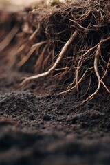 Fototapeta premium Close-up of tangled tree roots emerging from dark, rich soil. Concept Close-up of tangled tree roots, Rich dark soil textures, Intricate root patterns and shadows, Nature's underground architecture