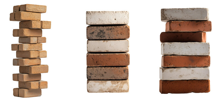 Single vertical column of stacked bricks isolated on transparent background, PNG