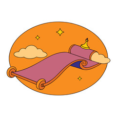 Fototapeta premium A glowing magic carpet drifts through a vast orange sky, trailing sparkles as it carries dreams, adventure, and wonder above golden clouds at sunset, in a fairytale night. 