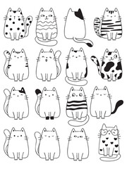 Cute and funny cats doodle line illustration. Cartoon cat or kitten characters design with outline style.
