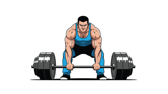 Powerful muscular man performing a heavy deadlift with a large barbell in a dynamic comic book illustration style.
