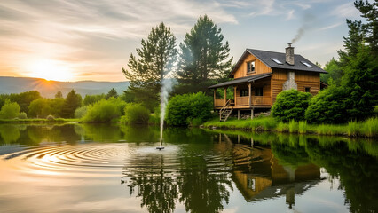 log cabin on lake with fountain at sunset transparent background