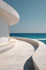 Obraz premium White curved seaside terrace with bench seating, overlooking a blue ocean under a clear sky. Concept Seaside terrace, White curved architecture, Bench seating, Ocean view, Clear blue sky