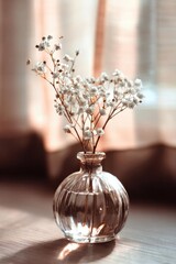 Fototapeta premium Clear ribbed glass vase with delicate white baby's breath flowers on a sunlit wooden table. Concept Clear ribbed glass vase, Baby's breath bouquet, Sunlit wooden table, Minimalist floral decor