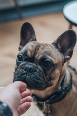 Obraz premium Close-up of a brown French Bulldog sniffing a person's finger indoors. Concept French Bulldog, Indoor Portrait, Close-Up Shot, Dog and Person Interaction, Pet Photography