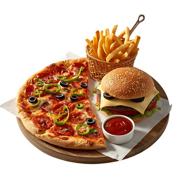 Isolated vector illustration of a fast food set featuring an Italian pizza with salami and cheese, a beef burger with lettuce and tomato, and a side of fries for a delicious snack meal