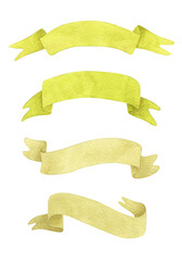 Set of hand painted watercolor yellow ribbons isolated on white background. High quality PNG illustration with transparent background