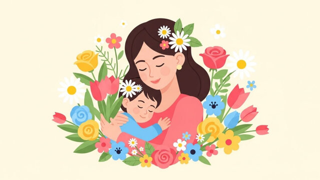 Happy Mother Hugging Baby Surrounded by Colorful Flowers
